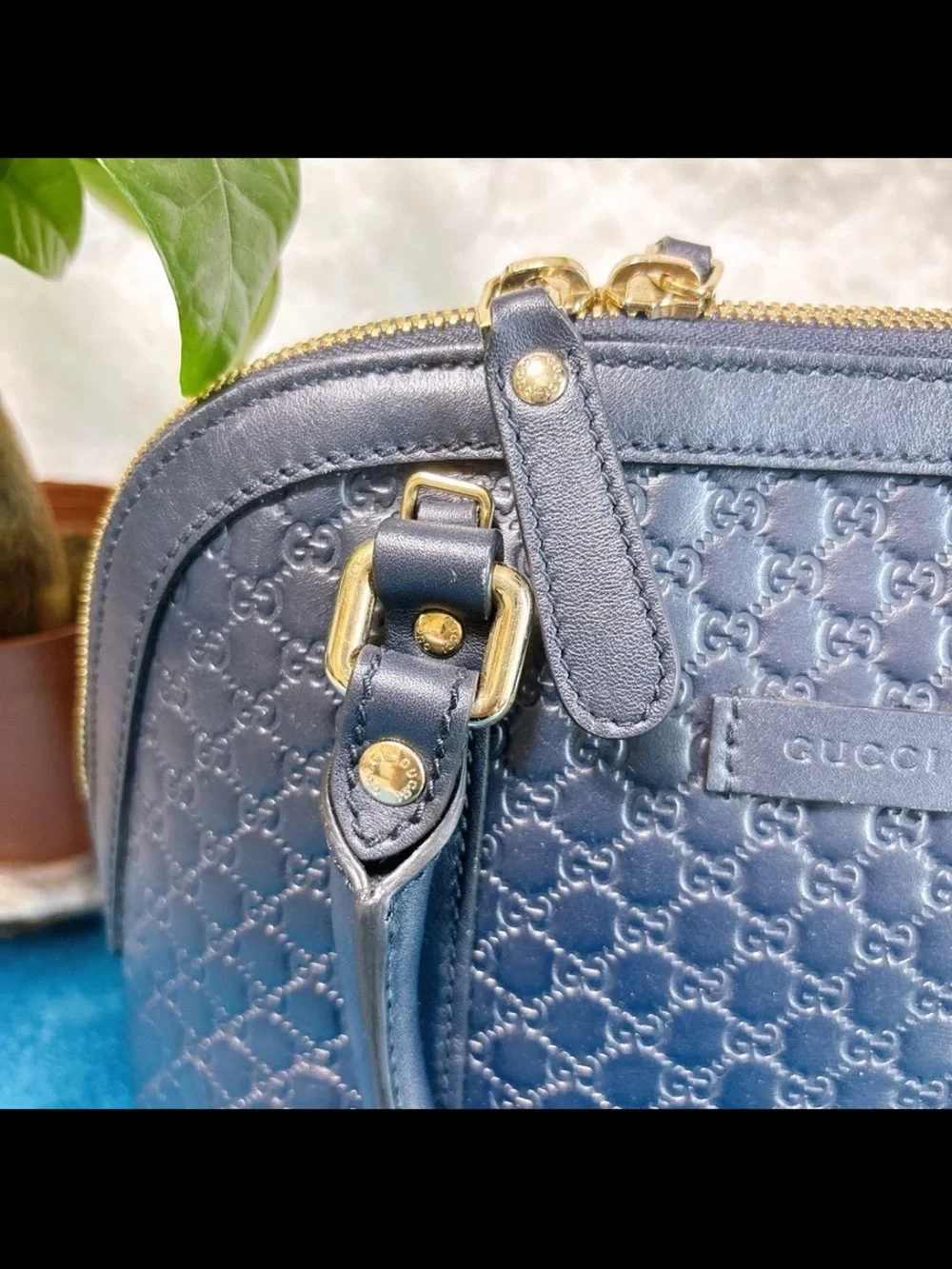 Gucci Navy Embossed GG Dome Satchel with Gold Hardware